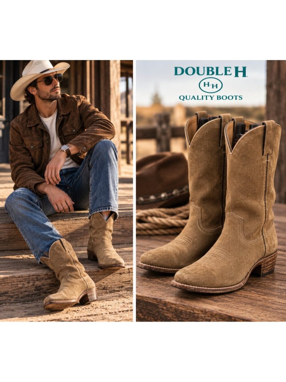 Vintage Double H Men’s 9 D Brown Suede Western Cowboy Boots USA 2052